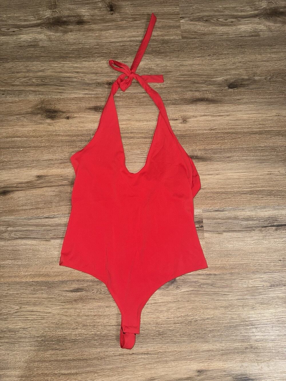 REORIA Seamless Halter Bodysuit Red XL Plunging V Neck Thong Going Out Top Y2K